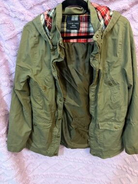 Love Tree Olive Utility Hooded Jacket with Red Plaid Lining
